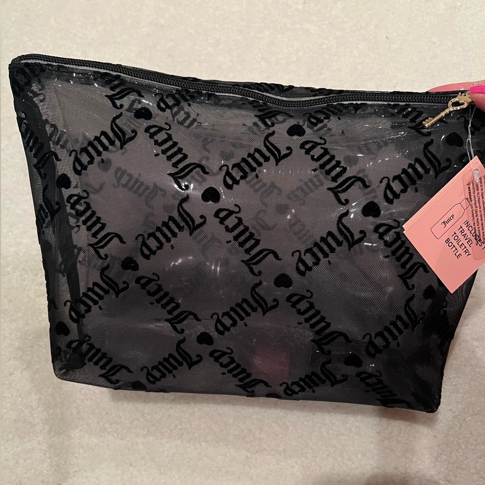 Juicy Couture LOGO Black Velour/Transparent Cosmetic Makeup Bag Toiletry Bag NWT